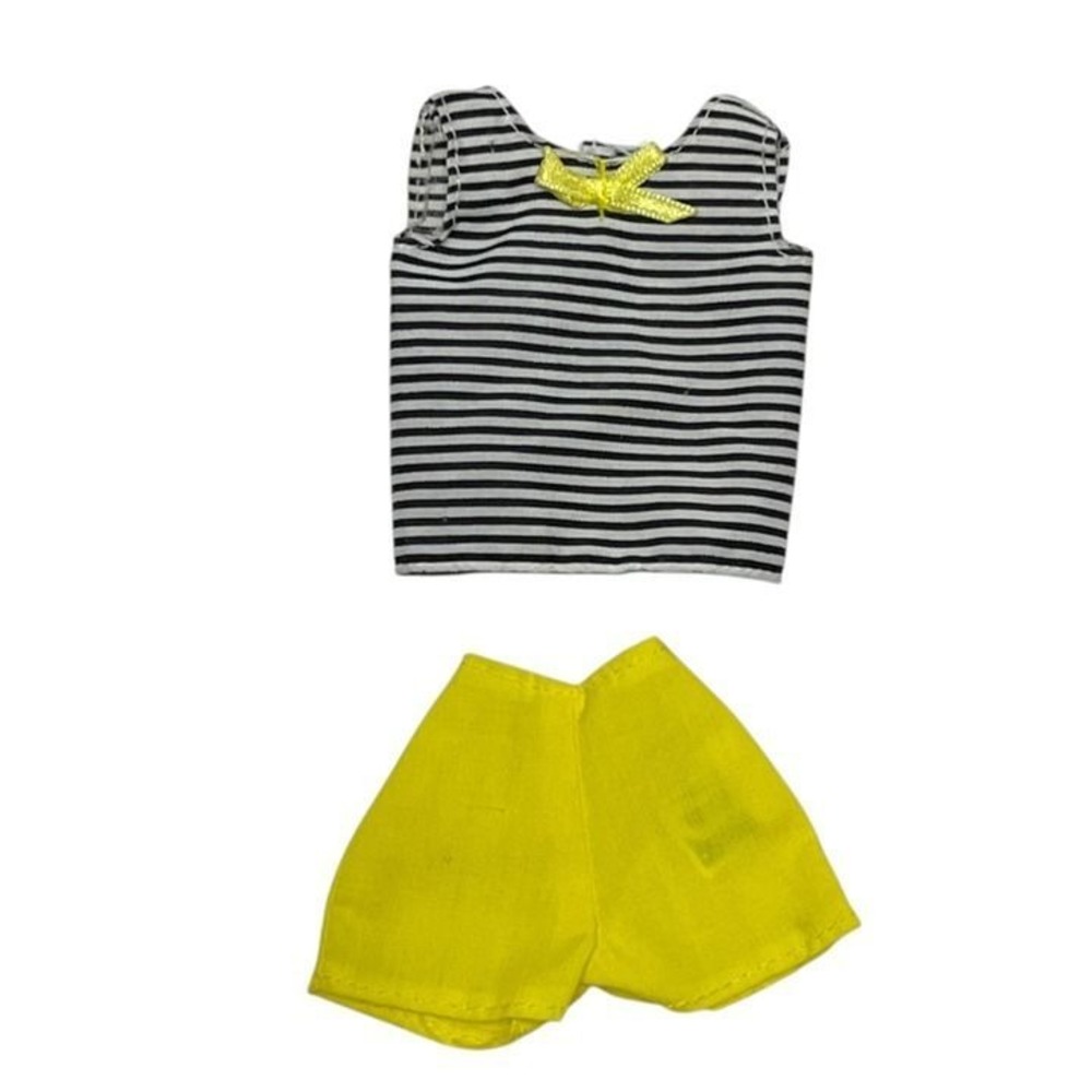 Vintage Barbie Clone 80s Black White Striped Top Yellow Shorts